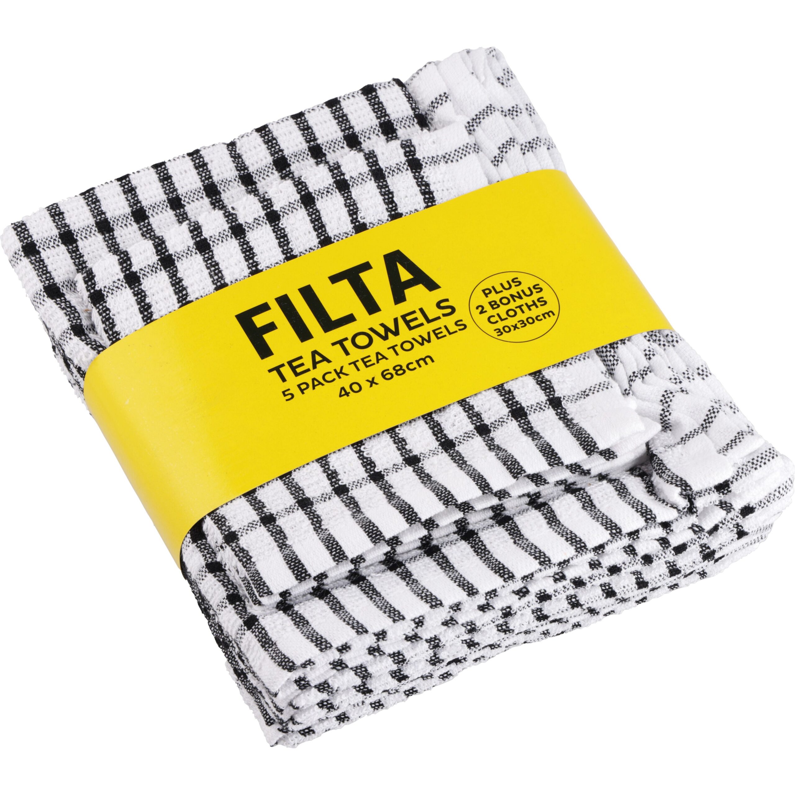 Filta cotton tea towels x 5 (40cm x 68cm) + 2 dish cloths (30cm x 30cm) black 7pk - x 6 packs