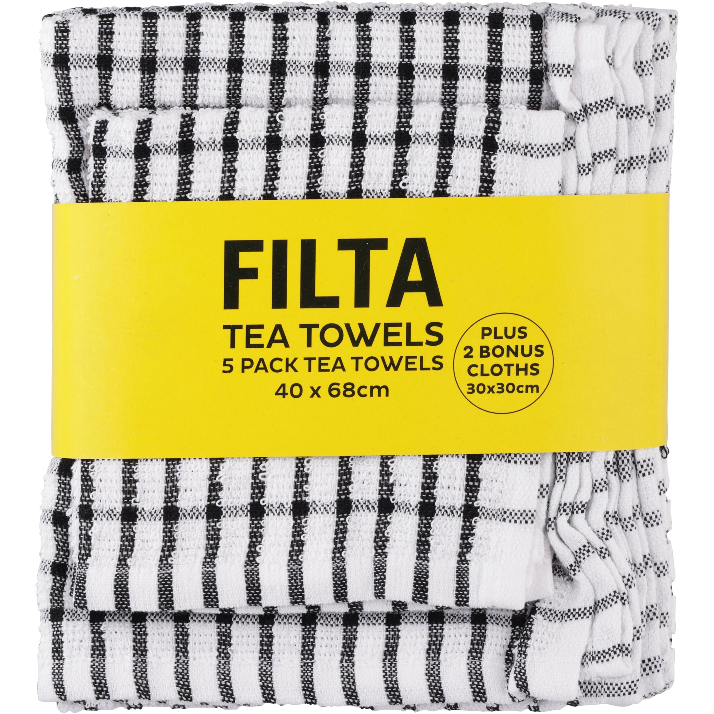 Filta cotton tea towels x 5 (40cm x 68cm) + 2 dish cloths (30cm x 30cm) black 7pk - x 6 packs - Image 2