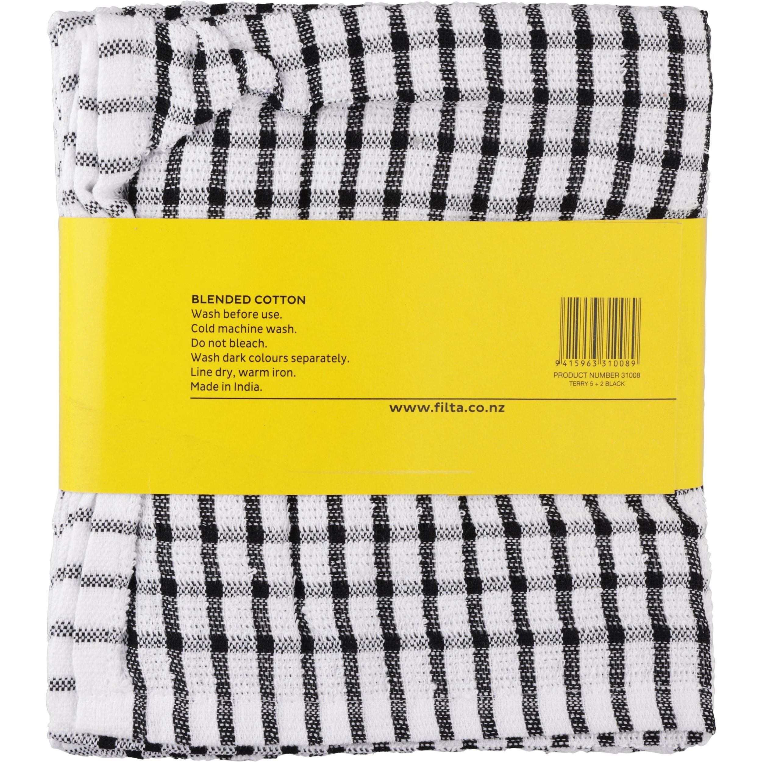Filta cotton tea towels x 5 (40cm x 68cm) + 2 dish cloths (30cm x 30cm) black 7pk - x 6 packs - Image 3