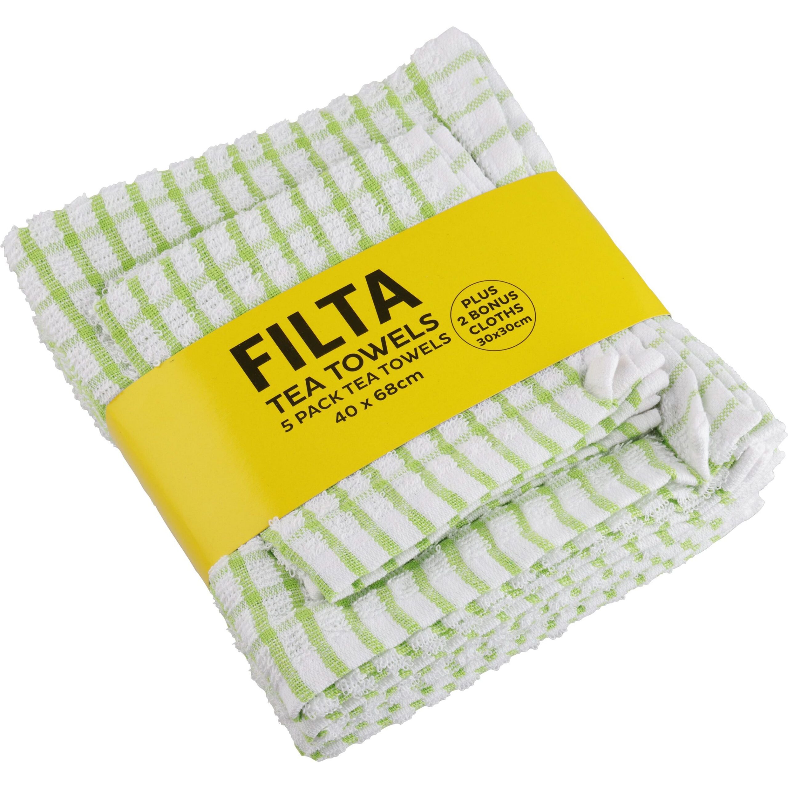 FILTA COTTON TEA TOWELS X 5 (40CM X 68CM) + 2 DISH CLOTHS (30CM X 30CM) GREEN 7PK - x 6 PACKS