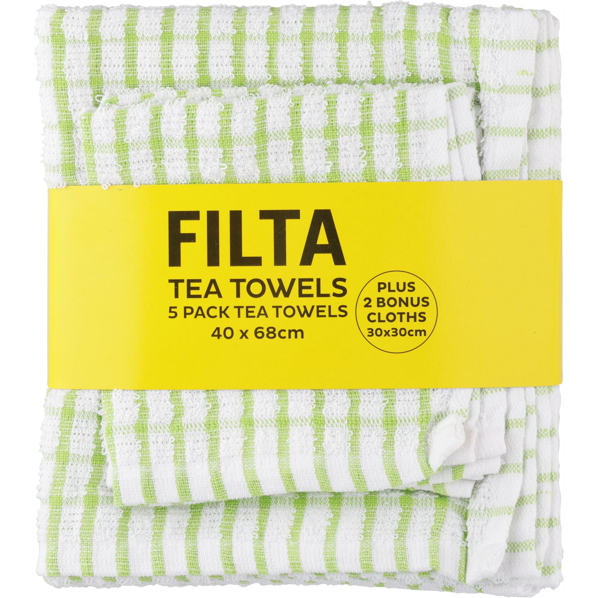 FILTA COTTON TEA TOWELS X 5 (40CM X 68CM) + 2 DISH CLOTHS (30CM X 30CM) GREEN 7PK - x 6 PACKS - Image 2