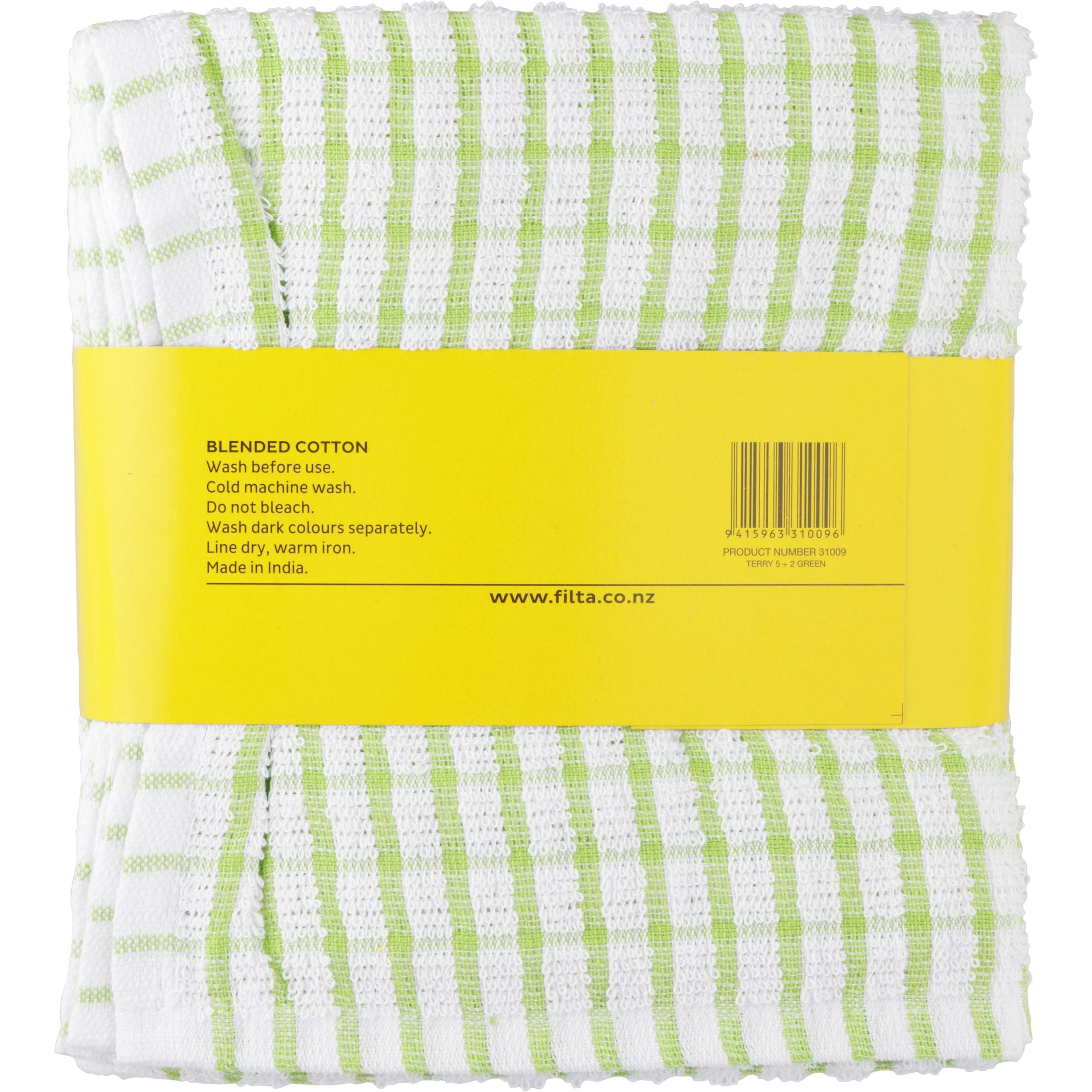 FILTA COTTON TEA TOWELS X 5 (40CM X 68CM) + 2 DISH CLOTHS (30CM X 30CM) GREEN 7PK - x 6 PACKS - Image 3