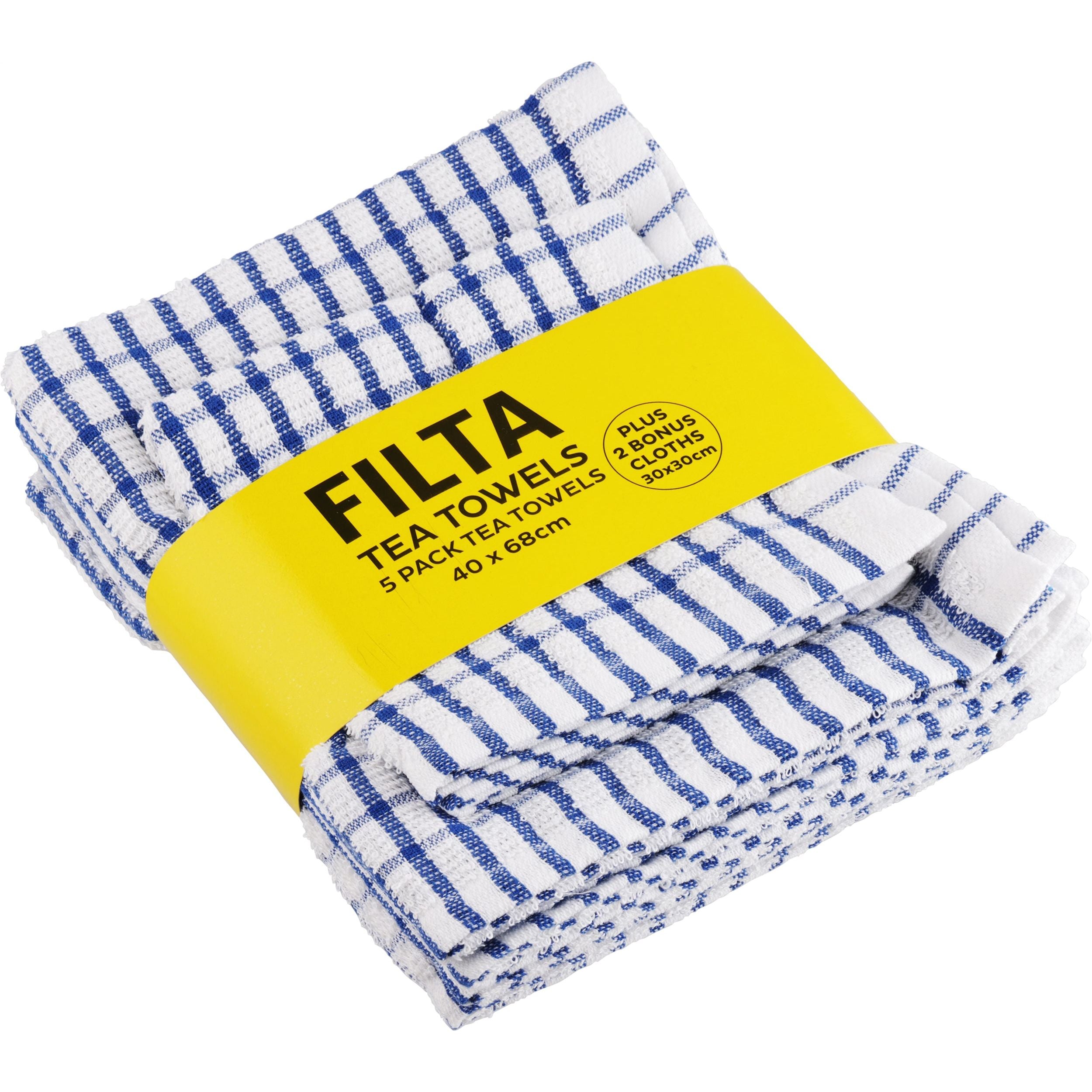 FILTA COTTON TEA TOWELS X 5 (40CM X 68CM) + 2 DISH CLOTHS (30CM X 30CM) BLUE 7PK - x 6 PACKS