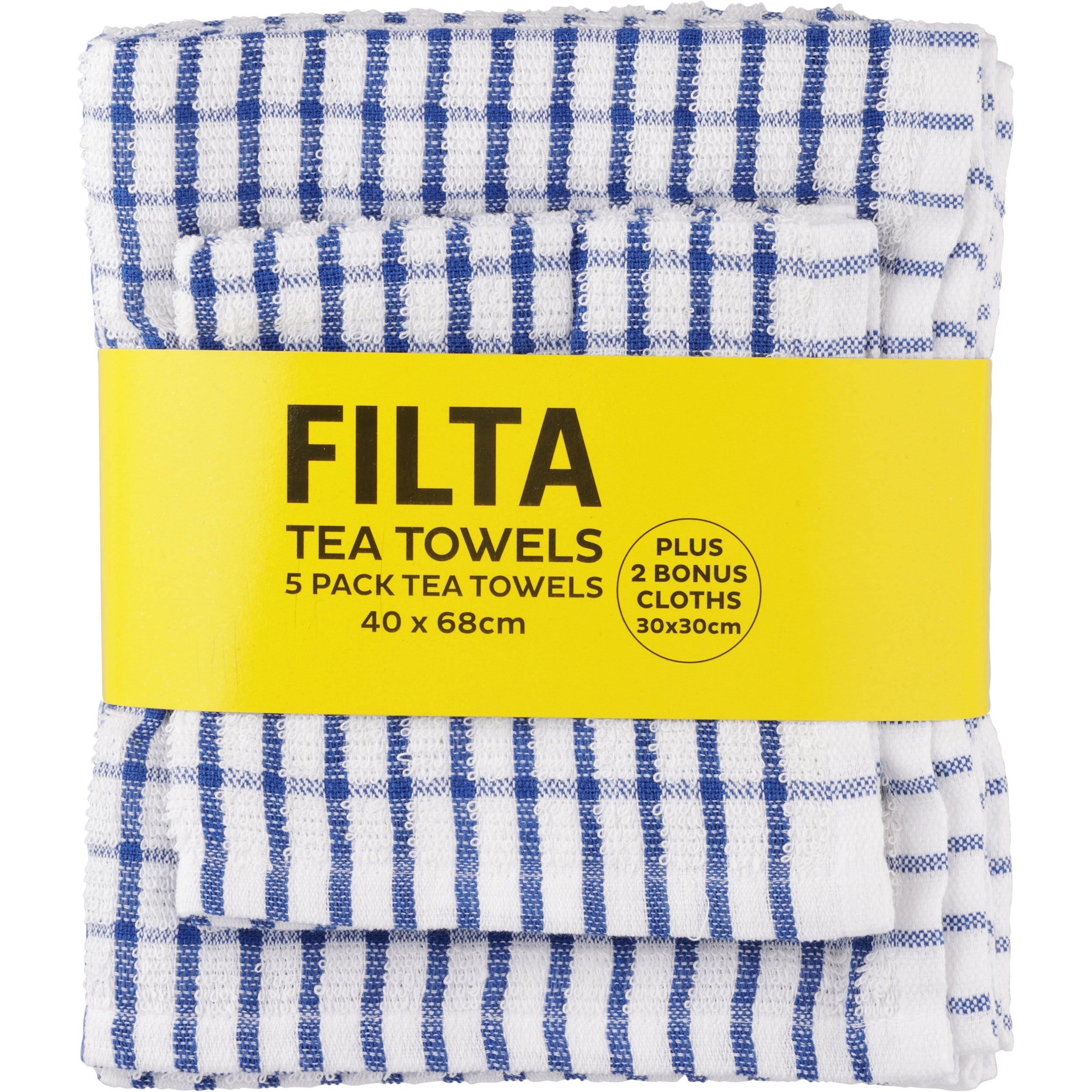 FILTA COTTON TEA TOWELS X 5 (40CM X 68CM) + 2 DISH CLOTHS (30CM X 30CM) BLUE 7PK - x 6 PACKS - Image 2