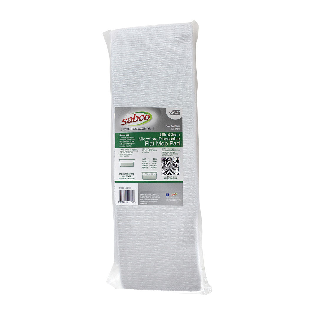 SABCO ULTRACLEAN MICROFIBRE DISPOSABLE FLAT MOP PADS - WHITE - 25PK