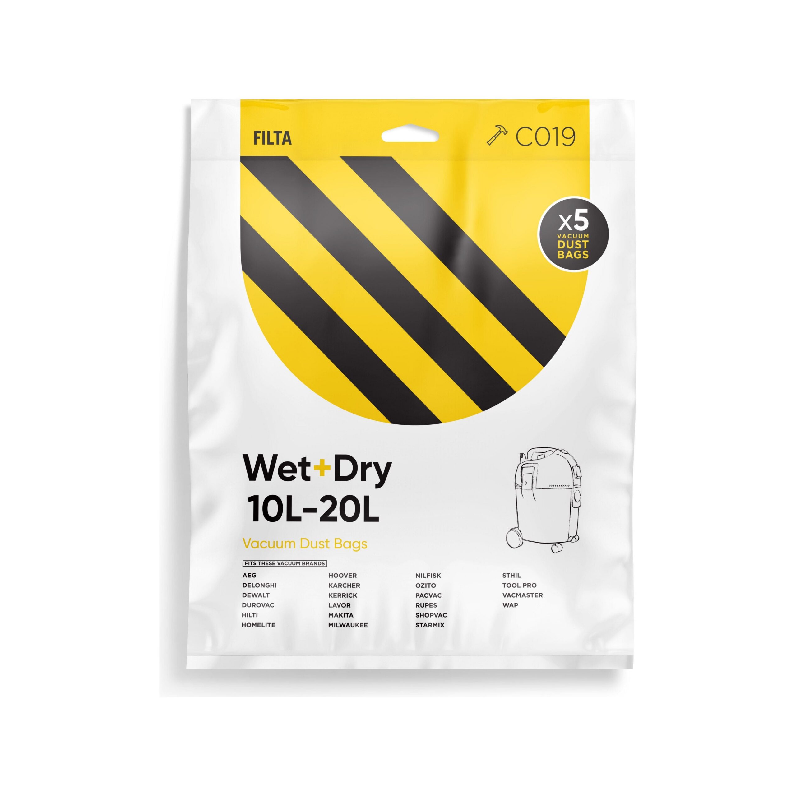 FILTA WET & DRY 20LT SMS MULTI LAYERED VACUUM CLEANER BAGS 5 PACK (C019)