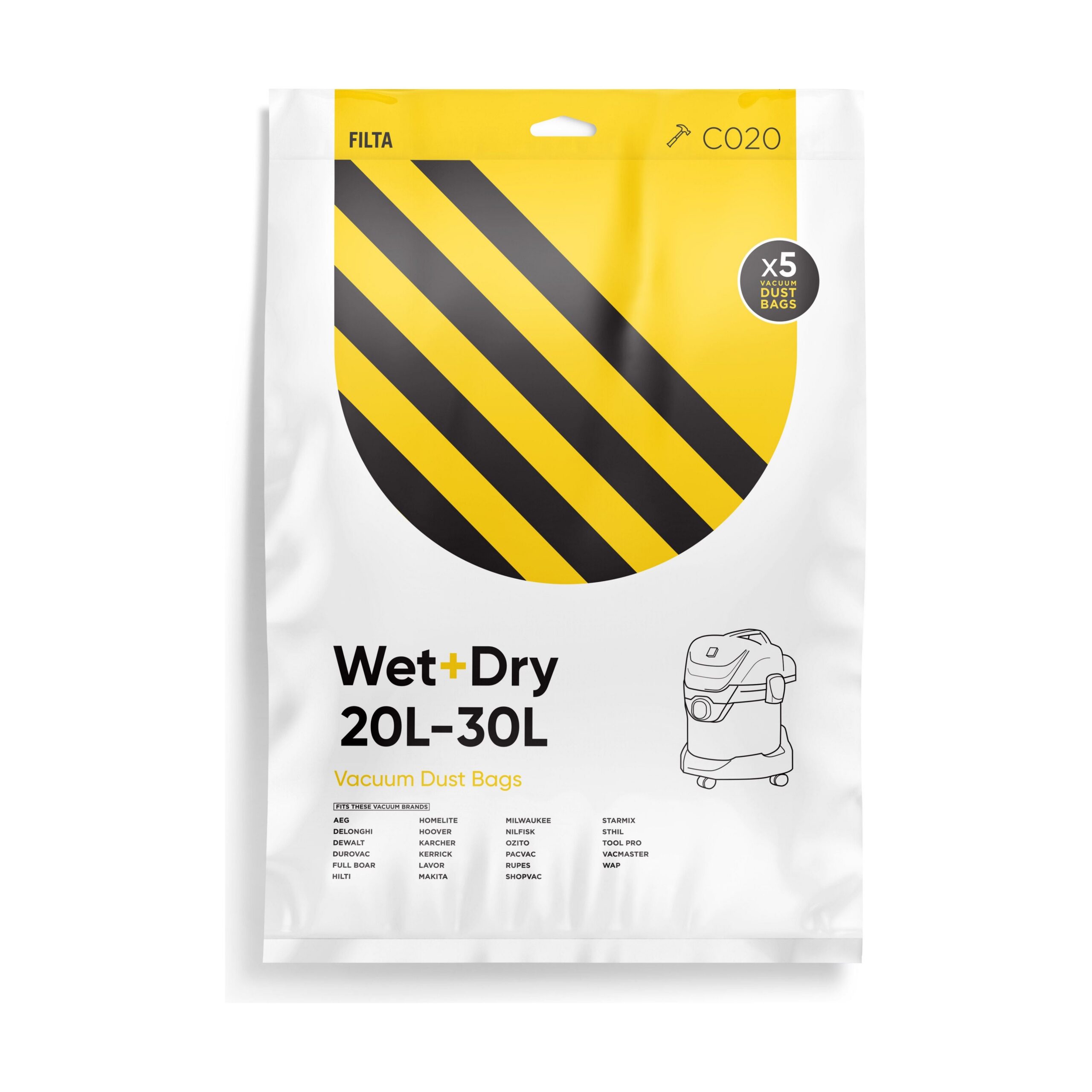 FILTA WET & DRY 30LT SMS MULTI LAYERED VACUUM CLEANER BAGS 5 PACK (C020)