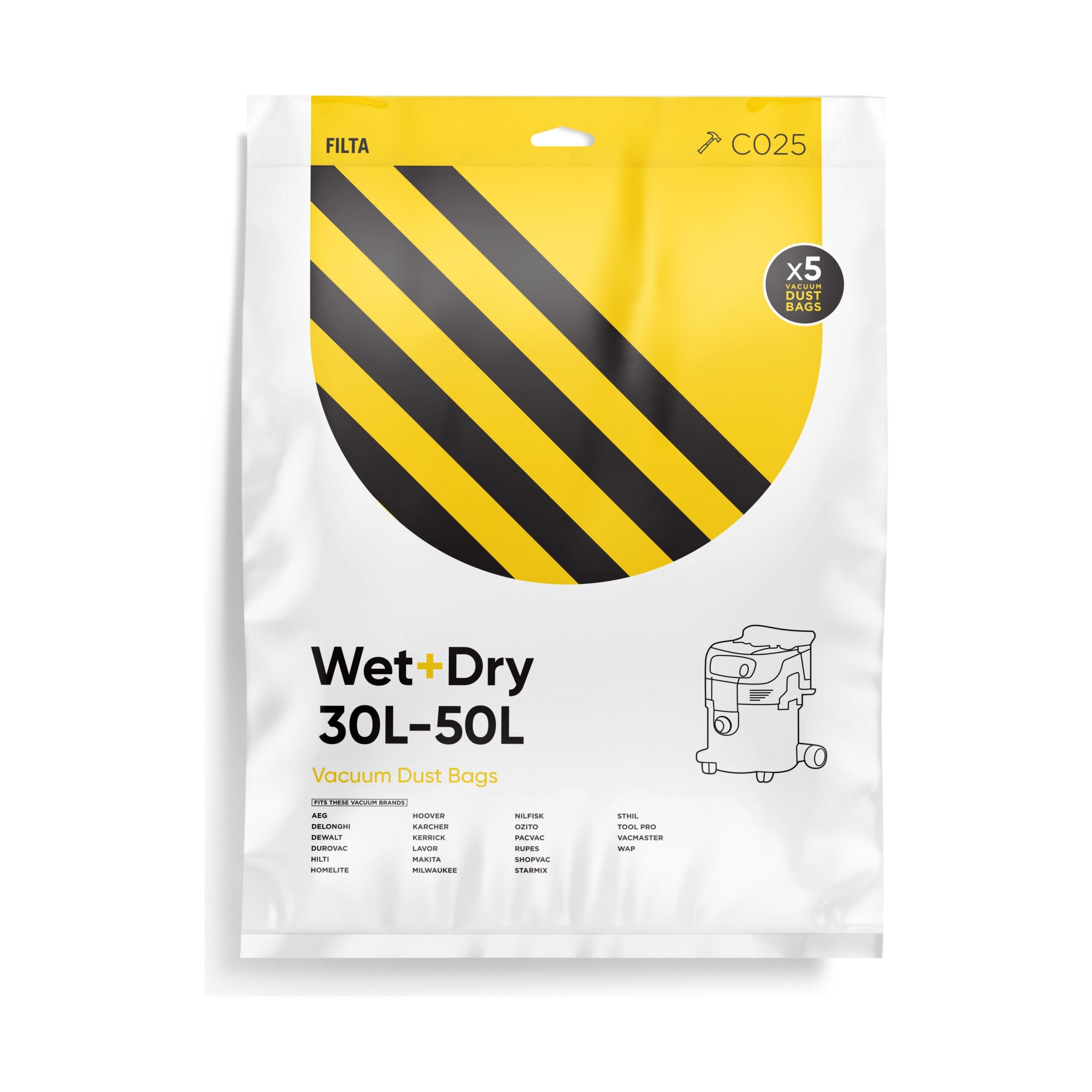 FILTA WET & DRY 50LT SMS MULTI LAYERED VACUUM CLEANER BAGS 5 PACK (C025)